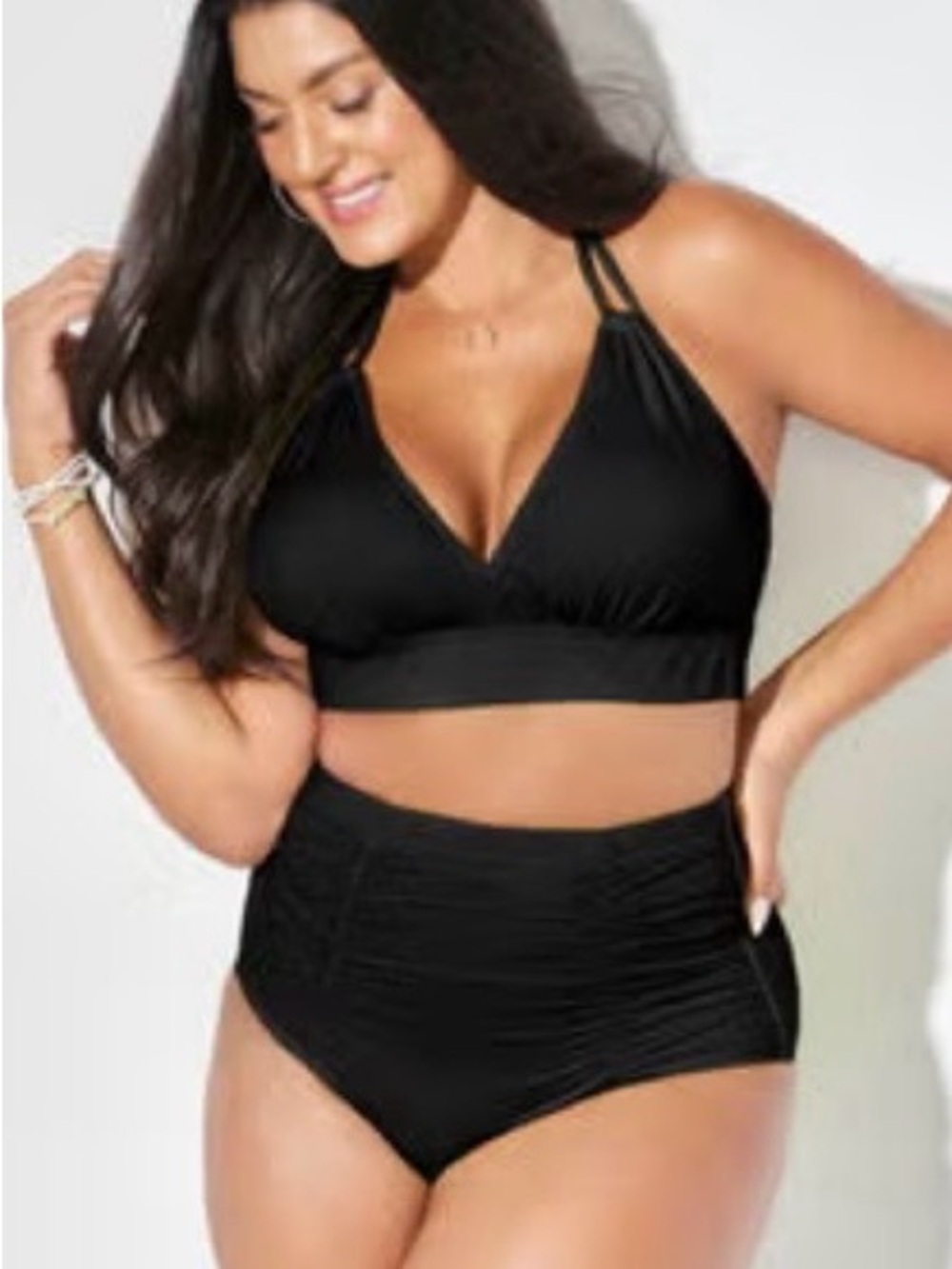 Plus-Size Black High-Waist Bikini Set with Supportive Straps